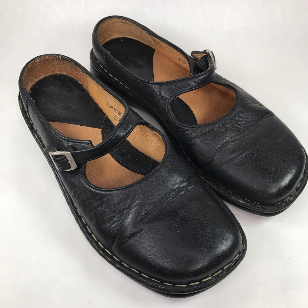 Born Black Leather Mary Jane Mules Loafer Slides Square Toe